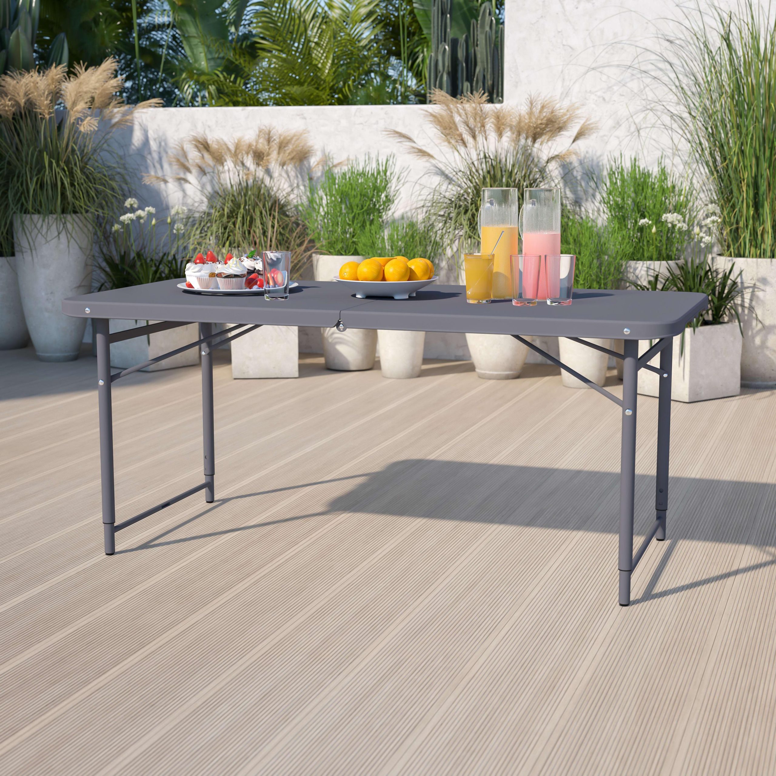 4-Foot Height Adjustable Bi-Fold Dark Gray Plastic Folding Table with Carrying Handle - Image 2
