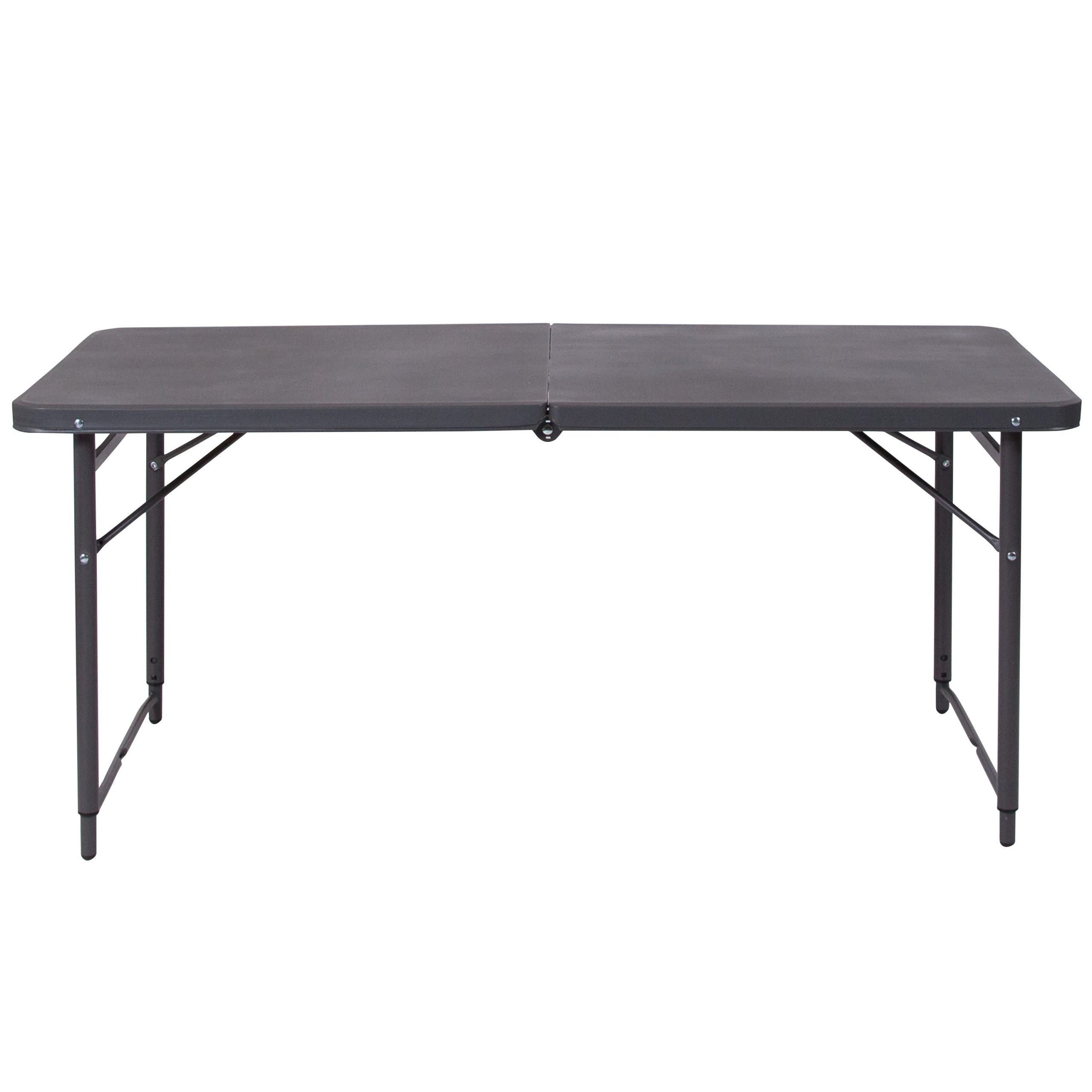 4-Foot Height Adjustable Bi-Fold Dark Gray Plastic Folding Table with Carrying Handle - Image 7