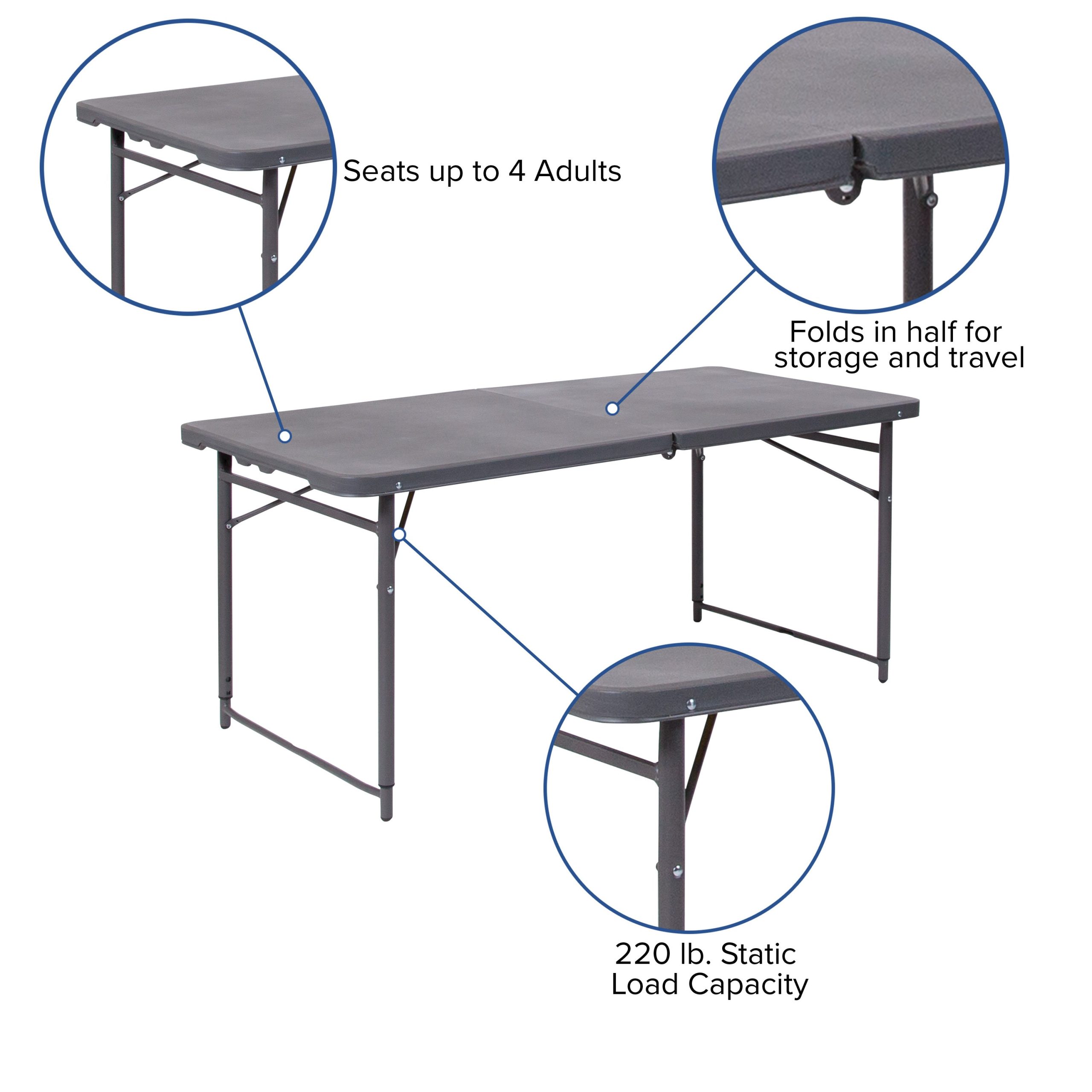 4-Foot Height Adjustable Bi-Fold Dark Gray Plastic Folding Table with Carrying Handle - Image 9